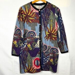 ENCY Womens ButtonUp Cardigan Duster Sweater M-L Jungle City Boho Artsy NWOT.
